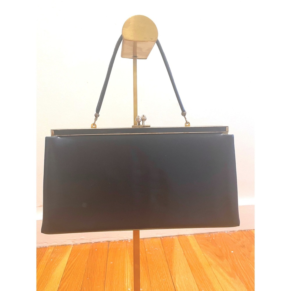 Vintage 1950s Evening Bag Andé Navy Leather Kiss Lock Clutch Mid Century